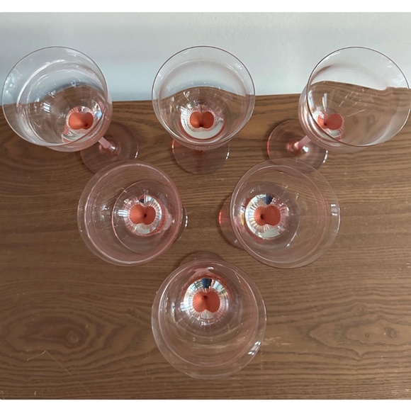 Vintage Set of 6 • Pink Frosted Heart Shaped Stemmed Clear Crystal Wine Glasses - Picture 7 of 10